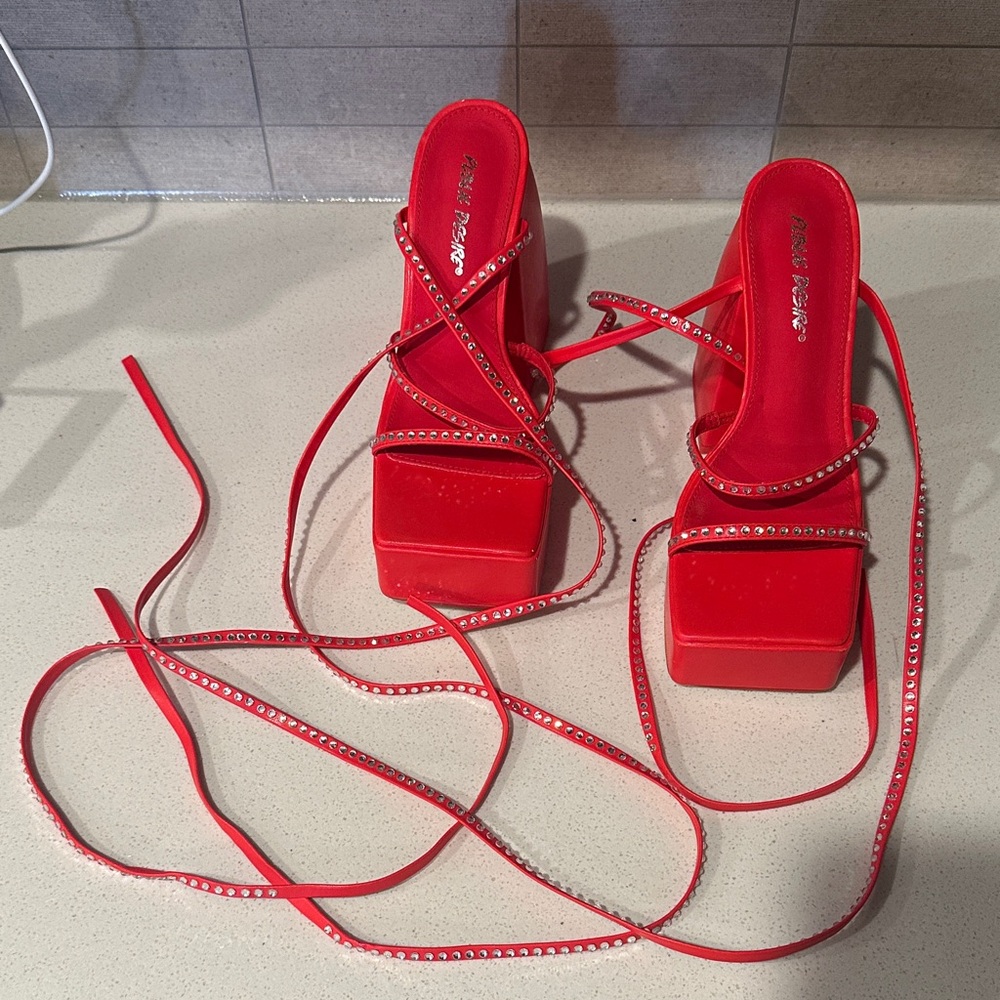 Dolls Kill/Public Desire Red Strappy Rhinestone Platform Heels